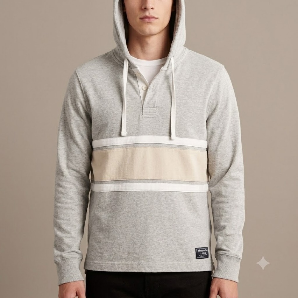 Abercrombie & Fitch Hoodie Pullover Men's Small Gray Cream Stripe